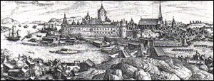 Stockholm von Norden im Jahre 1574 Kupferstich von Franz Hogenberg